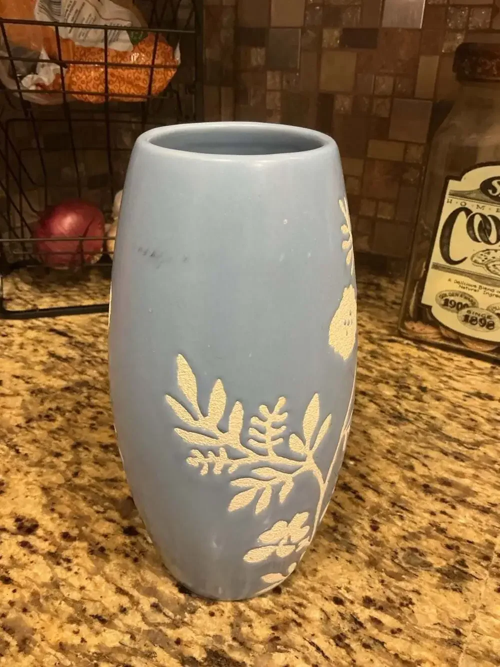9 inch Light Blue Ceramic Vase with Raised White Floral Relief